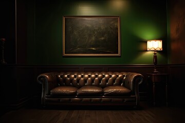 Dark Brown Leather Couch in Deep Green Room - Generative AI	