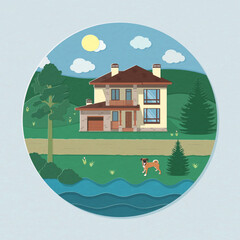 Beautiful house near river and among trees in paper cut style
