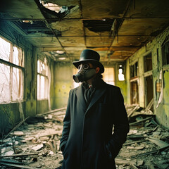 Masked Man in Elegant Suit in Dilapidated House - generative ai