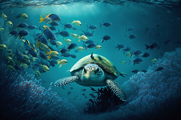 Fototapeta na wymiar Turtle in the blue waters. World ocean day, environmental protection concept. AI generative
