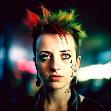 Postpunk Woman with Multicolored Haircut - generative ai
