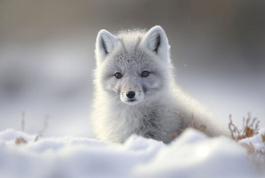 Arctic fox pup (Vulpes Lagopus) in snow habitat, generative ai