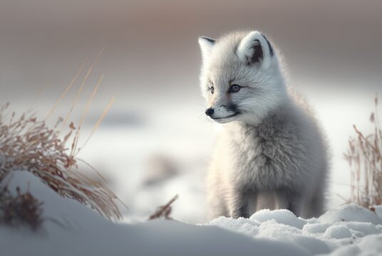 Arctic fox pup (Vulpes Lagopus) in snow habitat, generative ai