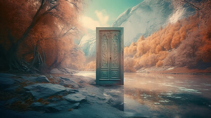 A closed door between the river and the mountain, myterious, generate by AI
