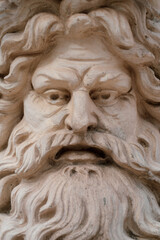 Close up detail of the face on an  old Romanesque sculpture 
