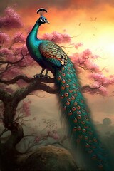 Fototapeta premium Beautiful Peacock in Fantasy World. Poster