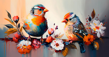 Ai Generated, Abstract colorful oil painting, Two zebra finches, and spring flower. Modern art paintings brush stroke on canvas, with floral background.