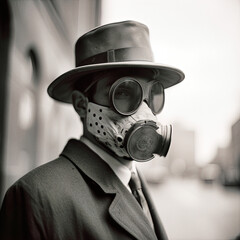 Fototapeta premium Vintage black and white photo of elegant man wearing hat and gas mask - generative ai