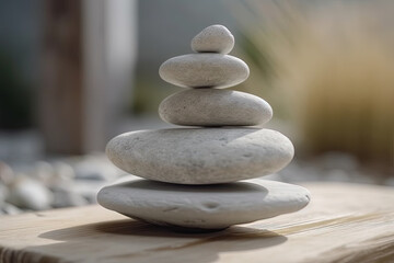 Zen stones on empty wooden table in blurred garden background, created with Generative AI