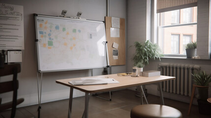テーブルと椅子が置いてあるオフィスにホワイトボードが置かれているスマートな空間、Generative AI