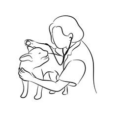 doodle style hand drawn, medicine, pet, animals, health care and people concept - happy veterinarian or doctor with golden retriever dog and clipboard at vet clinic