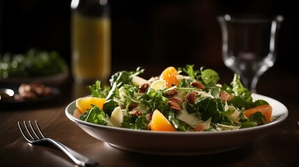 A delicious fresh salad served at a restaurant. Generative AI.