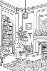ARTWORK OF A LIVING ROOM BLACK AND WHITE DIGITAL ART