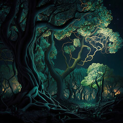  JUNGLE WITH DENSE TREES IN NIGHT DIGITAL ART