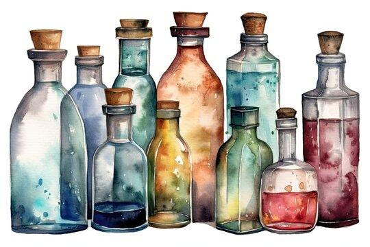 row of colorful glass bottles standing on a wooden shelf. Generative AI