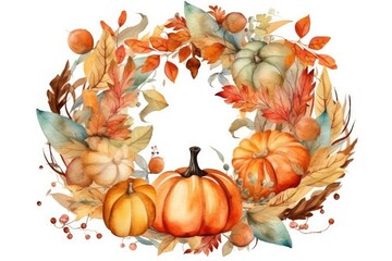 fall-themed watercolor wreath with pumpkins and leaves. Generative AI