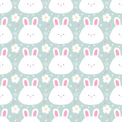 White fluffy bunny and flowers pattern on the green background