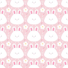 White fluffy bunny and flowers pattern on the pink background