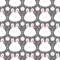 White fluffy bunny and flowers pattern on the gray background