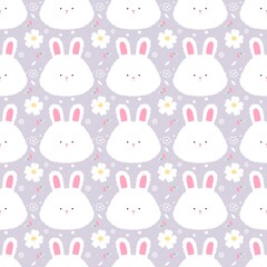 White fluffy bunny and flowers pattern on the purple background