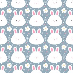 White fluffy bunny and flowers pattern on the babyblue background