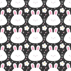 White fluffy bunny and flowers pattern on the black background