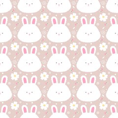 White fluffy bunny and flowers pattern on the brown background