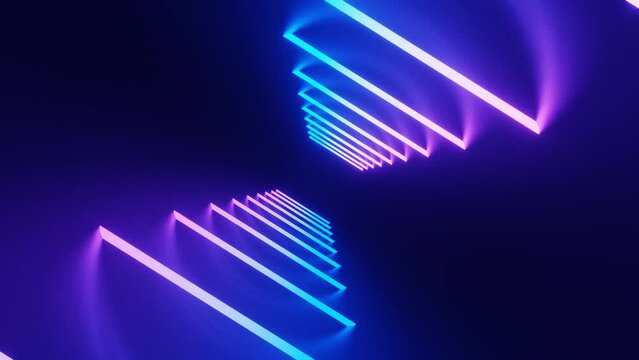 Rotating puple and blue neon lines tunnel loop animation background