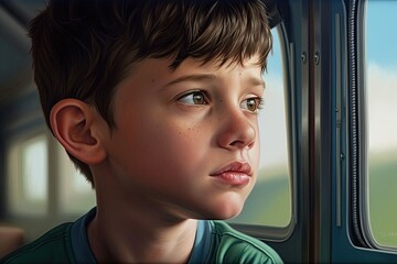 Fototapeta na wymiar Neurodiversity Awareness: Illustration of a Boy with Autism Spectrum Disorder Looking Out the Window for Mental Health Concepts. Generative AI.