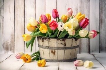 bucket overflowing with vibrant tulips in various colors. Generative AI