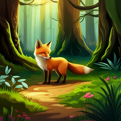 cartoon fox in forest, a cute adorable baby fox, children-friendly cartoon animation fantasy style, cartoonish fox. Generative Ai.
