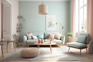 cozy living room with natural light pouring in through a large window. Generative AI