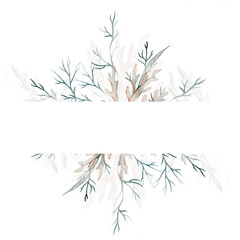 Watercolor banner with green seaweeds, corals. Marine frame. Decorative element for greeting card. Illustration