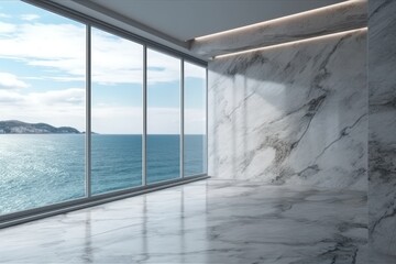 serene room with a panoramic ocean view through a large window. Generative AI