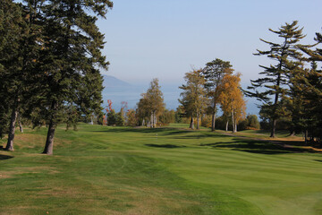 Scenic golf holes in the fall season