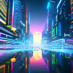 Digital painting of neon mega city with light reflection from puddles on street heading toward buildings. Concept for night life, (CBD)Cyber punk theme