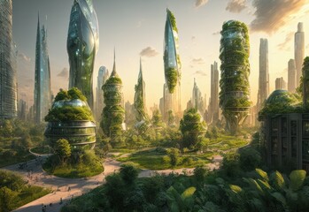 Eco-futuristic cityscape concept with greenery, skyscrapers, parks, and other green spaces in urban area. AI generated