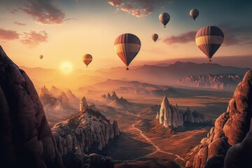 Colorful hot air balloons flying over mountain. AI generated, human enhanced. Background