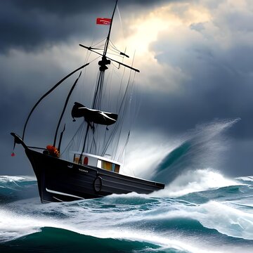 Fishing Boat Navigating During A Storm. Thunder, Rain Big Waves On The Ocean. Black Boat Setting Sails On Rough Water