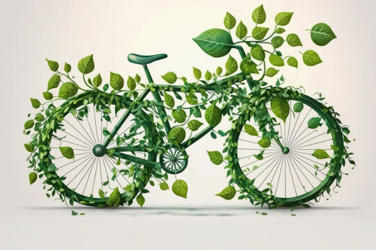 Bicycle covered with green leaf tendril, eco and environment concept. AI generated, human enhanced