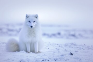 region fox in the snow, photo of arctic fox sitting on snow with space for text