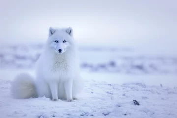 Crédence de cuisine en verre imprimé Renard arctique region fox in the snow, photo of arctic fox sitting on snow with space for text