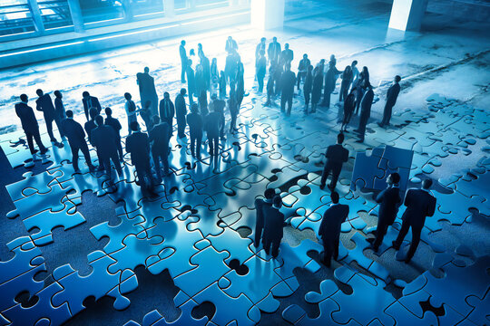 Business people unite puzzle pieces in the office, symbolizing teamwork and partnership, enhanced by a double exposure