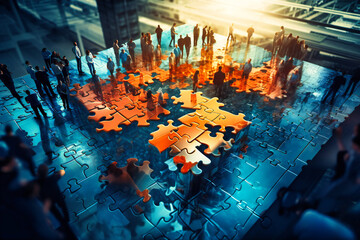 Fototapeta na wymiar Business individuals assemble puzzle pieces in the workplace, signifying teamwork and partnership, emphasized by a double exposure effect