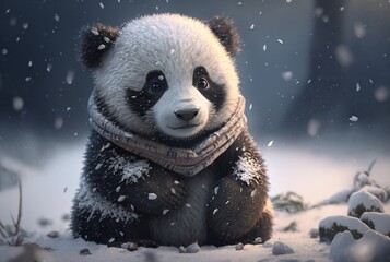 Cute Panda baby playing in snow winter, Generative Ai