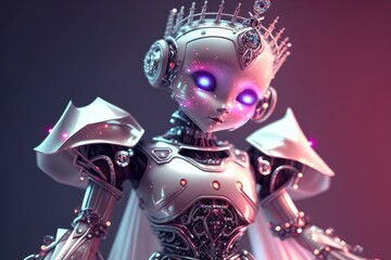 Cinematic Shot of Detailed Cute Robot in Designer Ballgown with Diamond Tiara and Earrings in Sharpened 8K featuring Marcin Nagraba and Rebecca Mille, Generative ai - obrazy, fototapety, plakaty