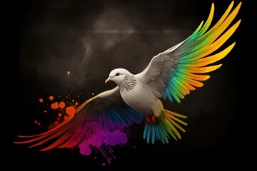 Fototapeta premium multicolored dove of peace:Symbol of diversity and harmony on black background, Generative AI