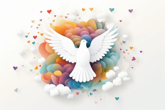 Illustration White dove of peace flies, rainbow clouds and hearts symbolize peace, love and diversity, Generative AI