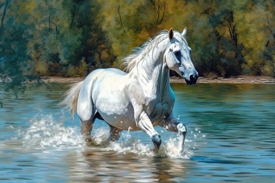 majestic white horse galloping through a serene body of water. Generative AI
