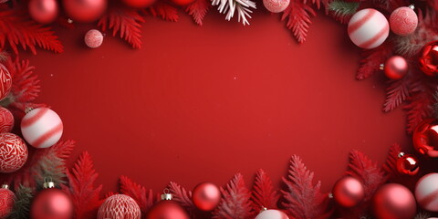Weihnachten und Neujahrs Hintergrund mit roten Kugeln, Tannenzweigen und Zuckerstangen mit Platz für Text - erstellt mit KI